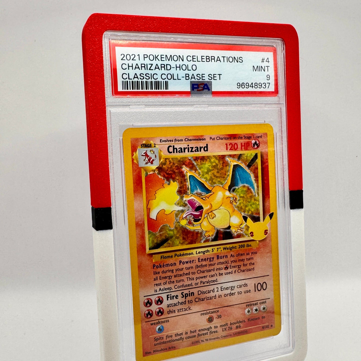 Pokéball PSA card bumper on graded Pokémon card, 3D printed PLA edge guard, perfect slab display accessory
