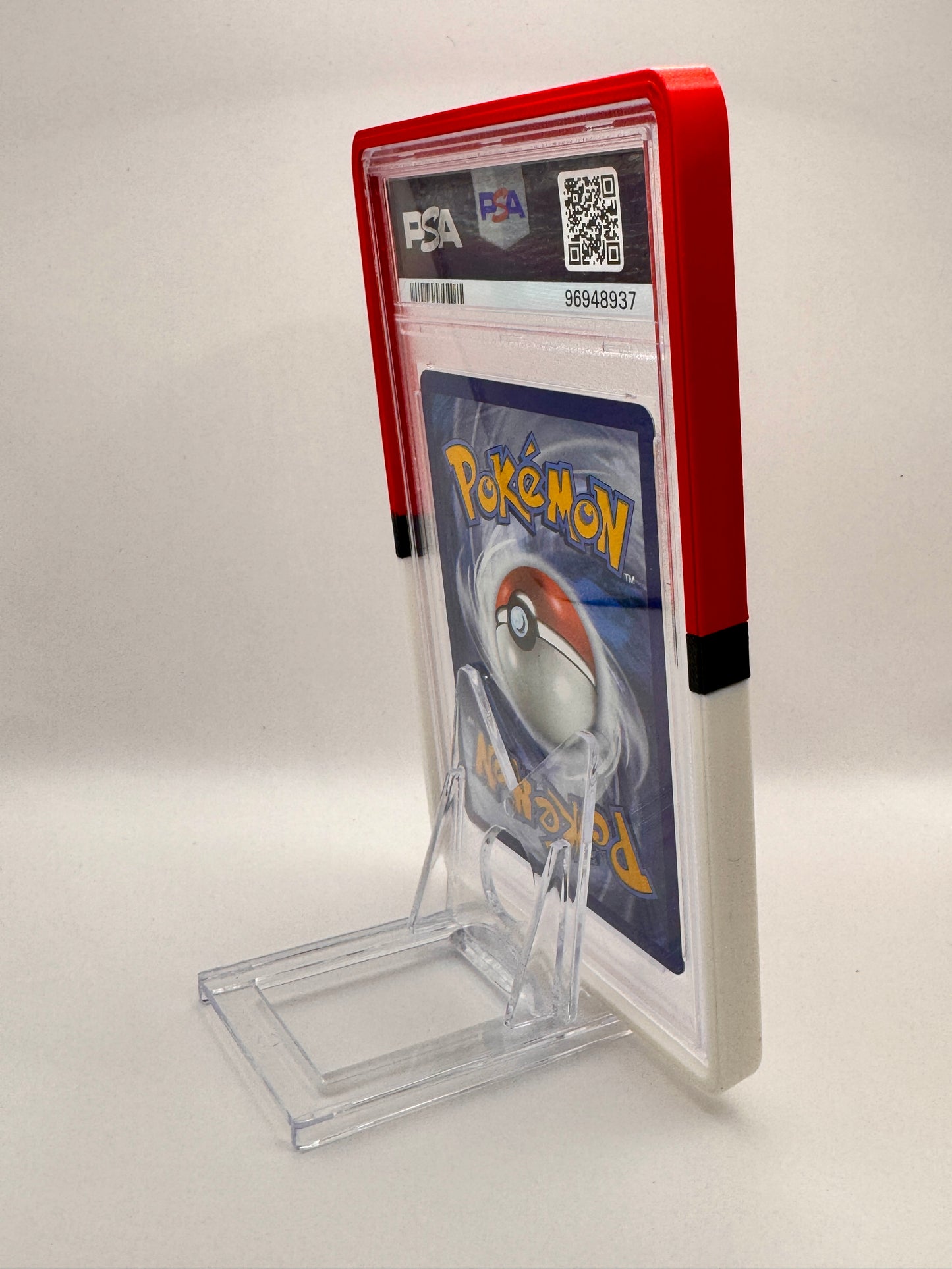 3D printed Pokéball bumper for PSA Pokémon card, collectible trading card slab protector and display
