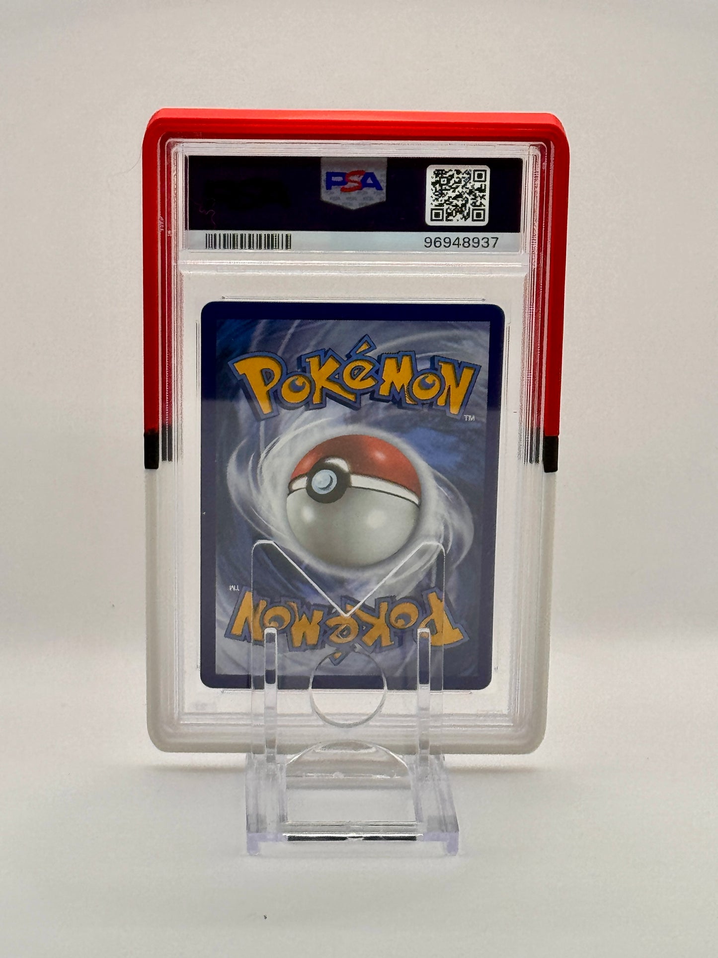 Close-up of Pokéball-themed PSA slab bumper, 3D printed PLA Pokémon card protector, fits standard PSA graded cards