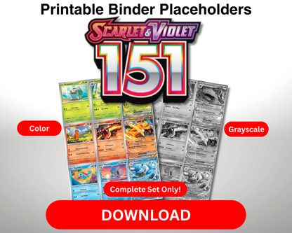 SV03.5 - Pokémon TCG 5-in-1 Binder Pages Scarlet and Violet Pokemon 151 – Master and Complete Sets (Color/Grayscale) + Graded Overlay (Color)