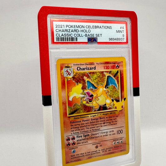 Pokéball PSA card bumper on graded Pokémon card, 3D printed PLA edge guard, perfect slab display accessory