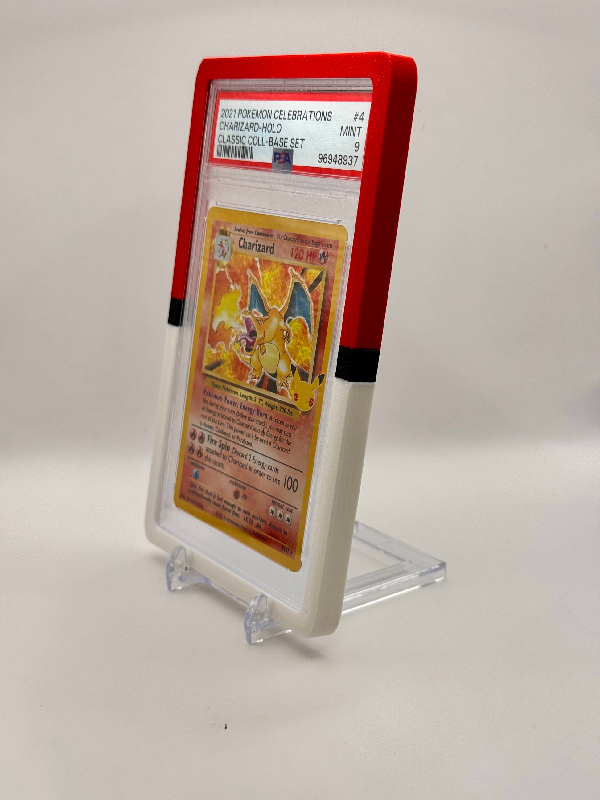 PLA 3D printed Pokéball bumper installed on PSA Pokémon card, graded card edge guard, trading card display